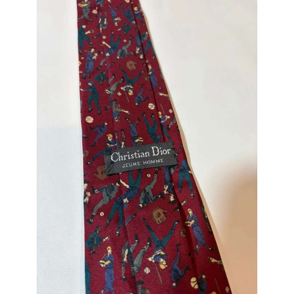 Christian Dior Silk Tie Baseball Print Burgundy Novelty Mens Necktie
